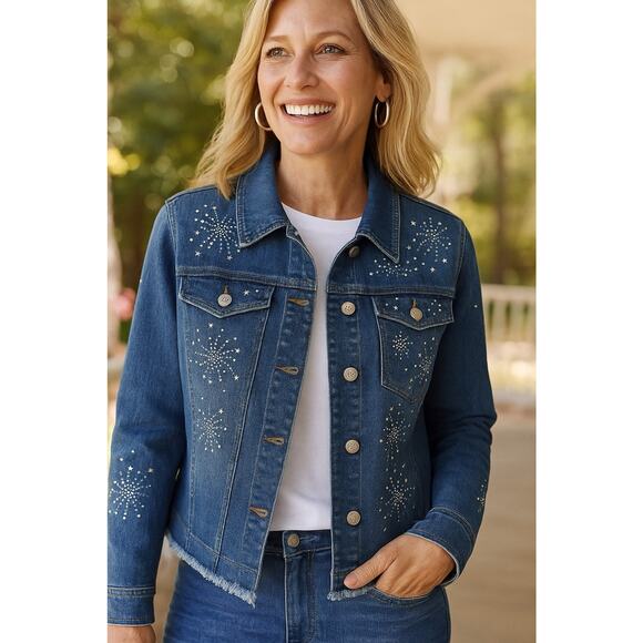 Chico’s Americana Fireworks Denim Jacket Size 2 Studded Stars Distressed Hem - Picture 1 of 8